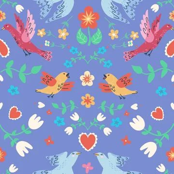 Handdrawn seamless pattern with birds and flowers. Perfect for romantic desig Stock Illustration