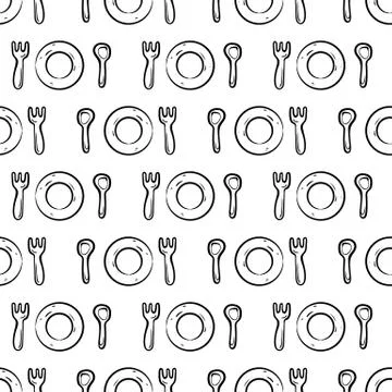 Handdrawn seamless pattern plate dining doodle icon. Hand drawn black sketch. Stock Illustration
