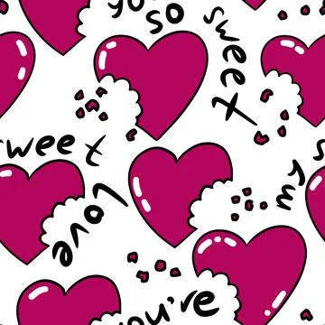 Handdrawn seamless pattern with red pink st valentine hearts bite with crumbles Illustrazione stock