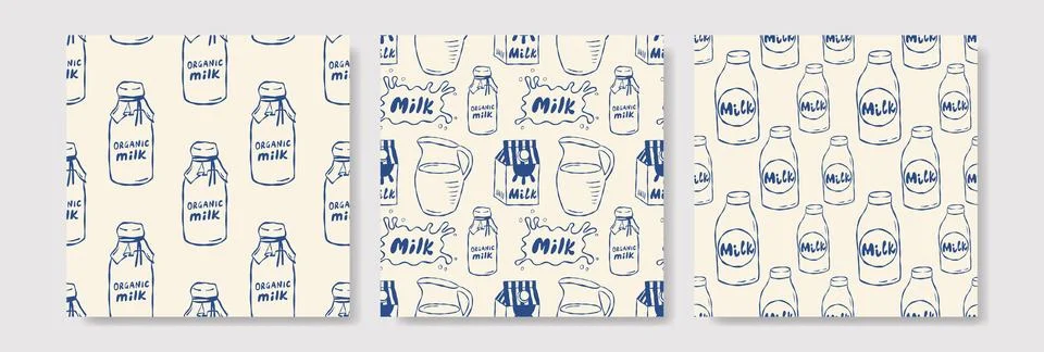 Handdrawn seamless pattern set with milk Stockillustratie