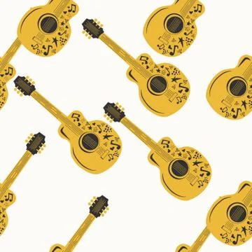 Handdrawn seamless pattern with various country music symbols - notes, guitar Stock Illustration