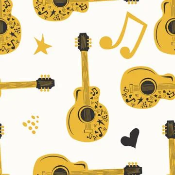 Handdrawn seamless pattern with various country music symbols - notes, guitar Illustrazione stock