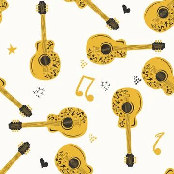 Handdrawn seamless pattern with various country music symbols - notes, guitar Illustrazione stock
