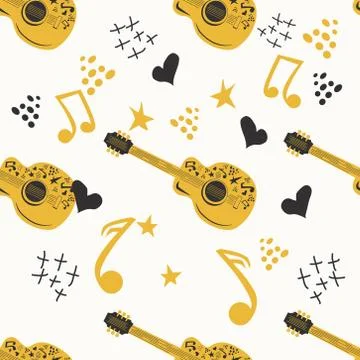 Handdrawn seamless pattern with various country music symbols - notes, guitar Stock Illustration