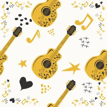 Handdrawn seamless pattern with various country music symbols - notes, guitar Illustrazione stock