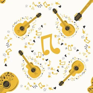 Handdrawn seamless pattern with various country music symbols - notes, guitar Illustrazione stock