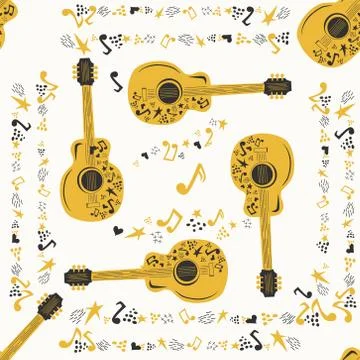 Handdrawn seamless pattern with various country music symbols - notes, guitar Illustrazione stock