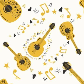 Handdrawn seamless pattern with various country music symbols - notes, guitar Illustrazione stock