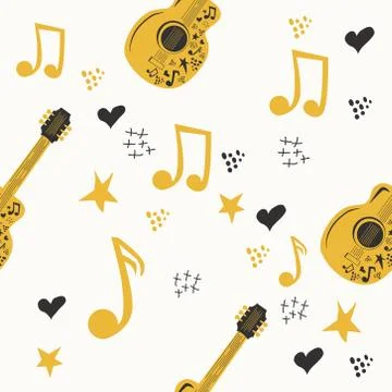 Handdrawn seamless pattern with various country music symbols - notes, guitar Stock Illustration