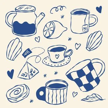 Handdrawn tea set, cozy and inviting Stock Illustration