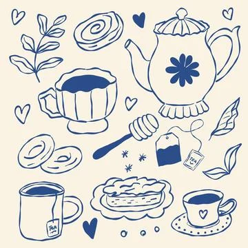 Handdrawn tea set outline showcasing whimsical blue line illustrations of tea Stock Illustration