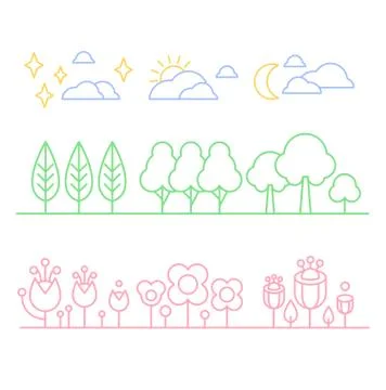 Handdrawn Trees and Flowers in Linear Style Stock Illustration