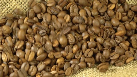 A handful of brown, roasted coffee beans on burlap sacking background, macro Stock Footage 104265140