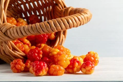 Handful of cloudberry berries poured from a small basket on an white wooden t Stock Photos
