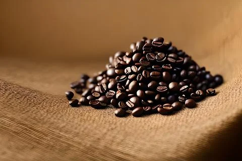Handful fresh roasted coffee beans on top of gunny sack studio shot, produc.. Stock Photos