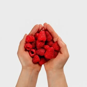 Handful of ripe red forest raspberry in the girl's hands on a white background Stock Photos