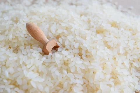 Handful of round-grain white rice Stock Photos