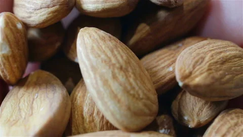 A handful of untreated almonds extremely close-up, contains people, shallow dept Stock Footage 112025821