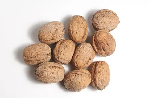 A handful of walnuts on a white background Stock Photos