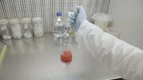 A handheld and rack focus shot of a researcher pipetting samples to smaller vial Vídeos de archivo 97752760