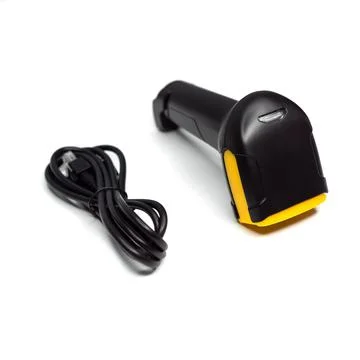 Handheld barcode scanner and wire for it on white background Stock Photos