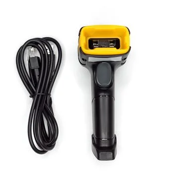 Handheld barcode scanner and wire for it on white background Stock Photos