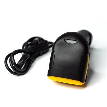 Handheld barcode scanner and wire for it on white background Stock Photos