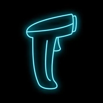 Handheld barcode scanner device with glowing neon blue outline Stock Illustration