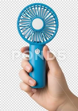 Handheld blue mini fan held in hand on transparent background PSD Template