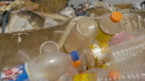 Handheld box of empty plastic bottles at a busy recycling dump center Stock Footage 61034591