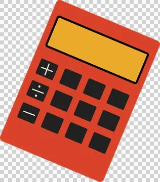 Handheld calculator is floating in flat design with red body, grey keys, Stock Illustration