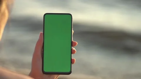 Handheld Camera: back view of brunette holding chroma key green screen Stock Footage 137887801