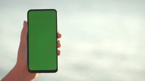 Handheld Camera: back view of brunette holding chroma key green screen Video stock 138008031
