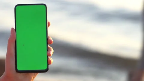 Handheld Camera: back view of brunette holding chroma key green screen Video stock 138132826