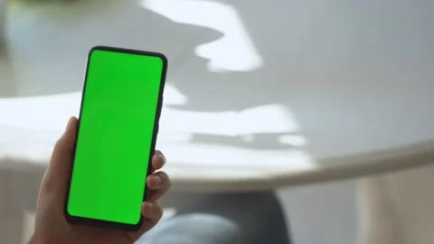 Handheld Camera: Back view of brunette holding chroma key green screen Video stock 139994326