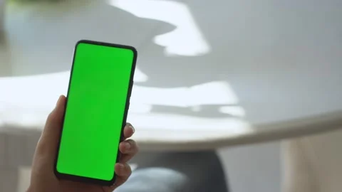 Handheld Camera: Back view of brunette holding chroma key green screen Stock Footage 140037936