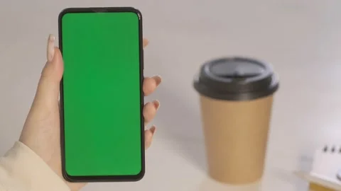 Handheld Camera: Back View of Brunette woman Holding Chroma Key Green Screen Stock Footage 199088528
