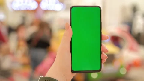 Handheld Camera: back view of brunette holding chroma key green screen Stock Footage 246424296