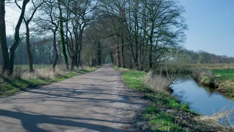 Handheld camera moving along a rural road in a spring landscape Video stock 335026940