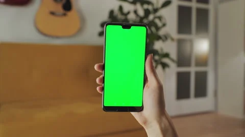 Handheld Camera: Point of View of Woman at Modern Room Using Phone With Green Stock Footage 144558543