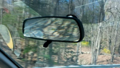 Handheld Car Rearview Mirror Motion Blur with Forest Background on Highway Stock Footage 332680228