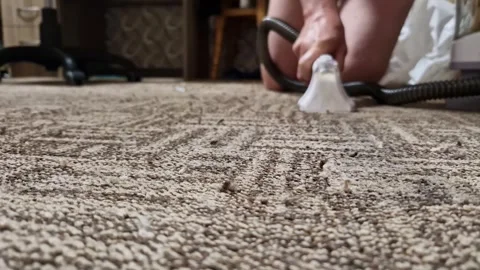 Handheld Carpet Cleaner Nozzle Extracting Dirt from Brown Rug Surface Stock Footage 339083680
