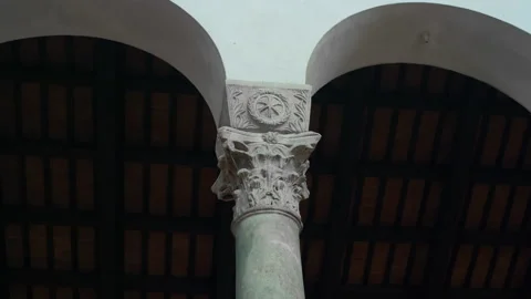 Handheld Close-Up of Corinthian Column Capital in White Marble Stock Footage 320133975