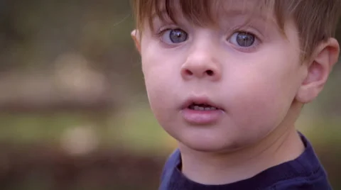 Handheld close up portrait of a young boy looking and talking in slow mo Stock Footage 55384548