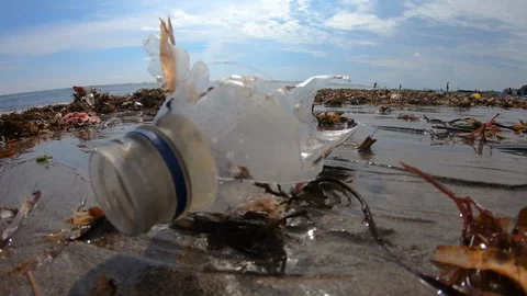 Handheld close up shot of garbage on polluted beach near sea on sunny day, Bali Stock Footage 140289382