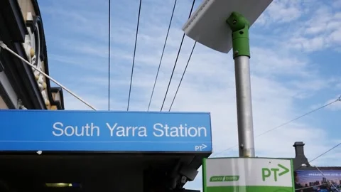 Handheld close up of South Yarra train station sign in Melbourne Stock Footage 155483589