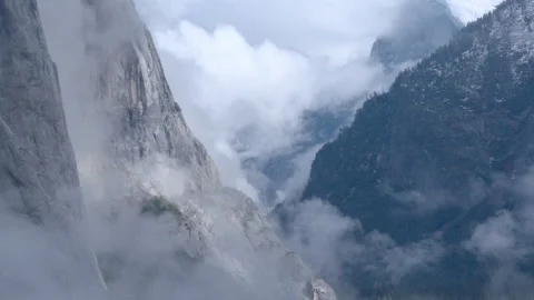 Handheld Close-Up Yosemite Valley Misty Granite Cliffs Stock Footage 335720107