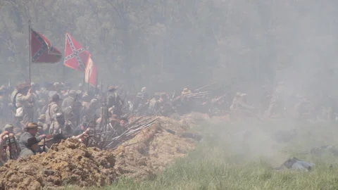 Handheld "Combat Camera" in Confederate Battle line - Civil War reenactment Video stock 148358215