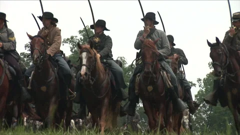 Handheld "Combat Camera" with Confederate Cavalry - Civil War Reenactment Stock Footage 184218537