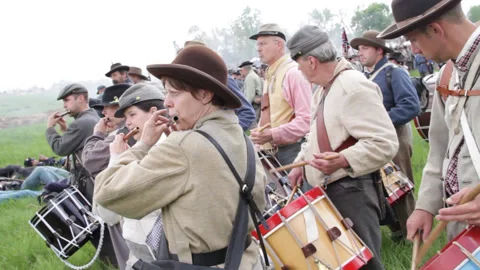 Handheld "Combat Camera," Confederate Fifers &amp; Drummers - Civil War Re-enactment Stock Footage 148381324